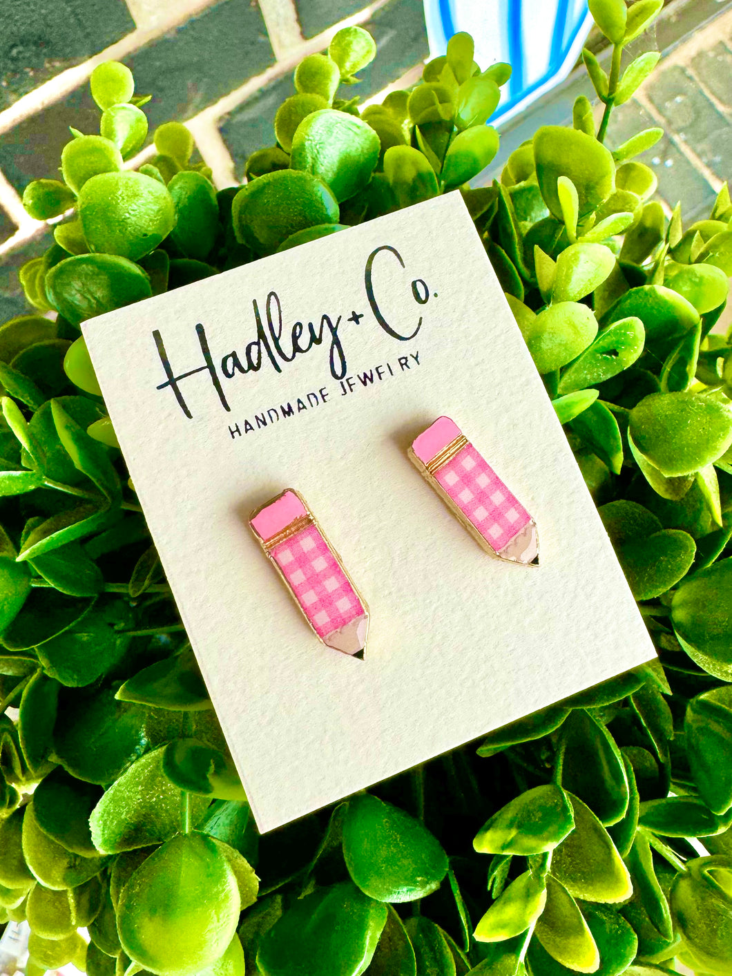 Pink gingham Hadley + co pencil studs