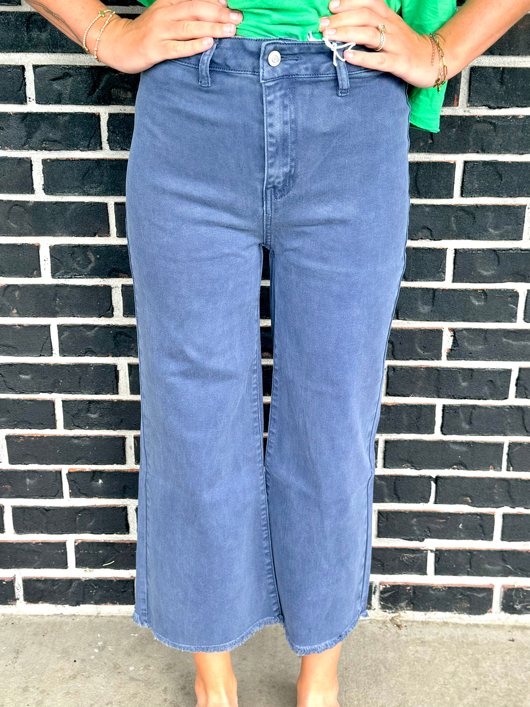 Blue raw hem pants