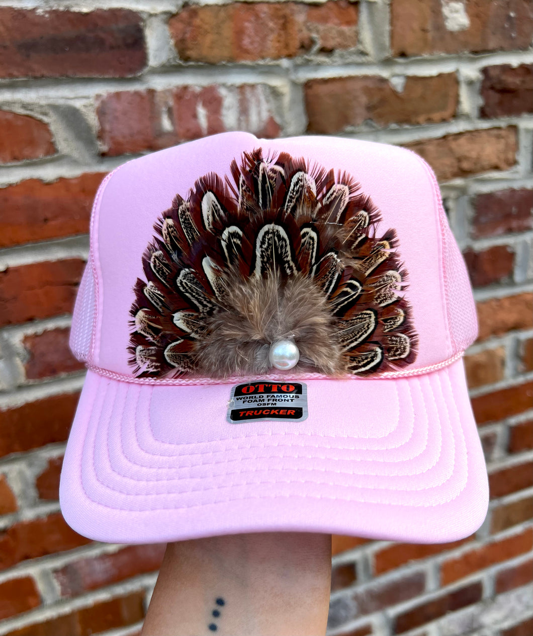 Light pink feather trucker hat- hart designs