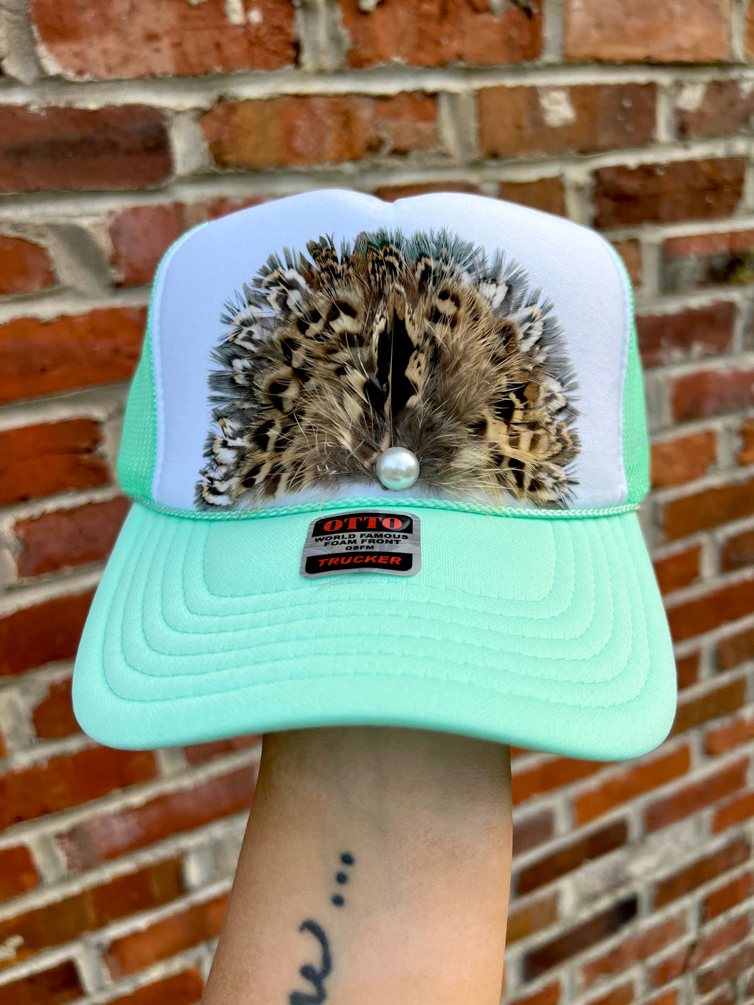 Mint feather trucker hat- hart designs