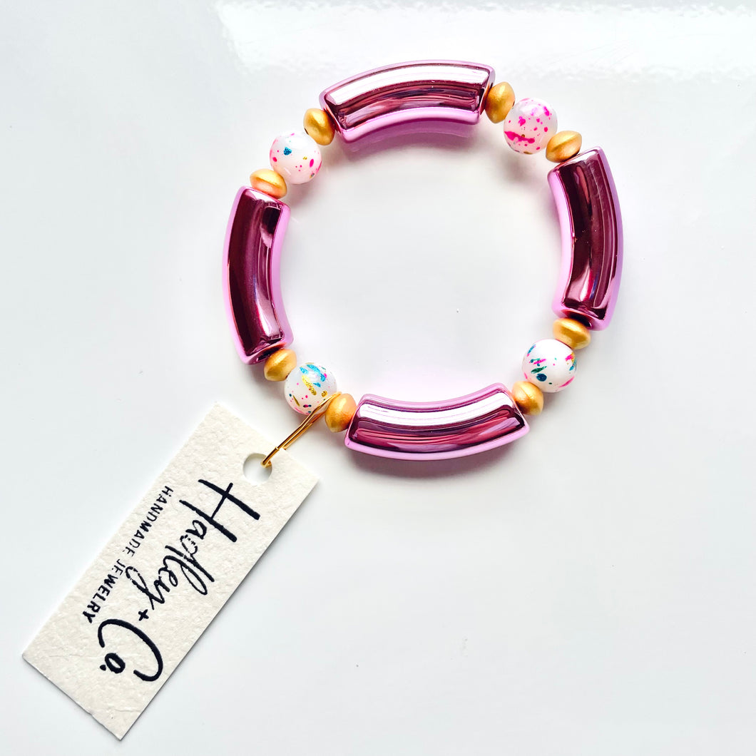 Pink tube splatter bead Hadley + co bracelet