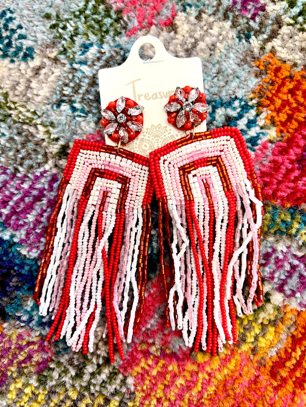 Pink red beaded tassel earrings
