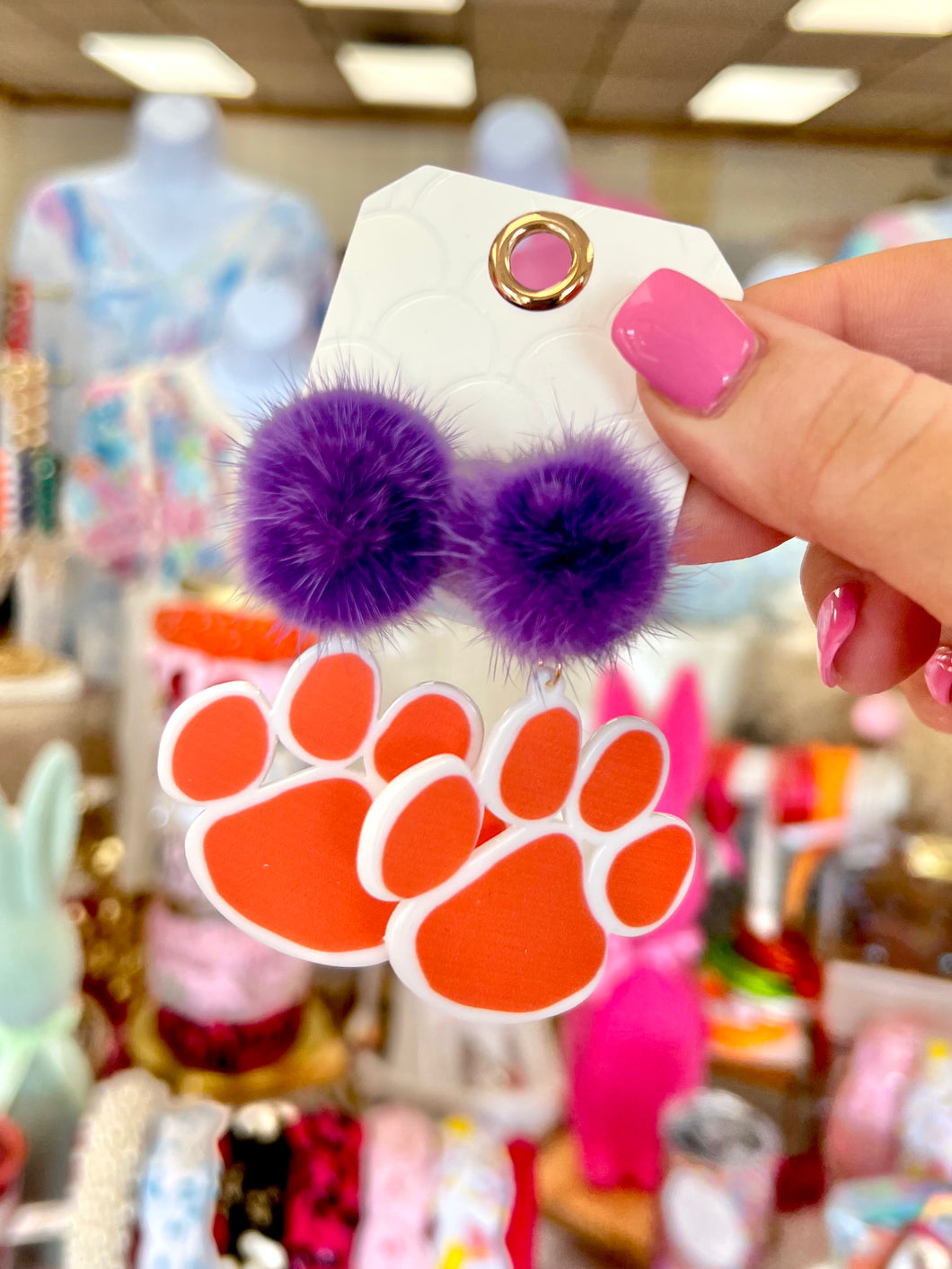 Tiger purple orange pom earrings